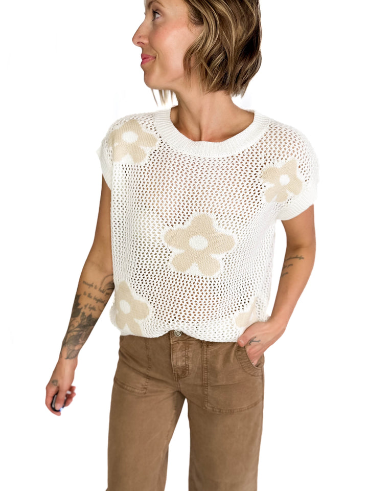 Torie Short Sleeve Floral Fish Net Pullover- OFF WHITE-FINAL SALE