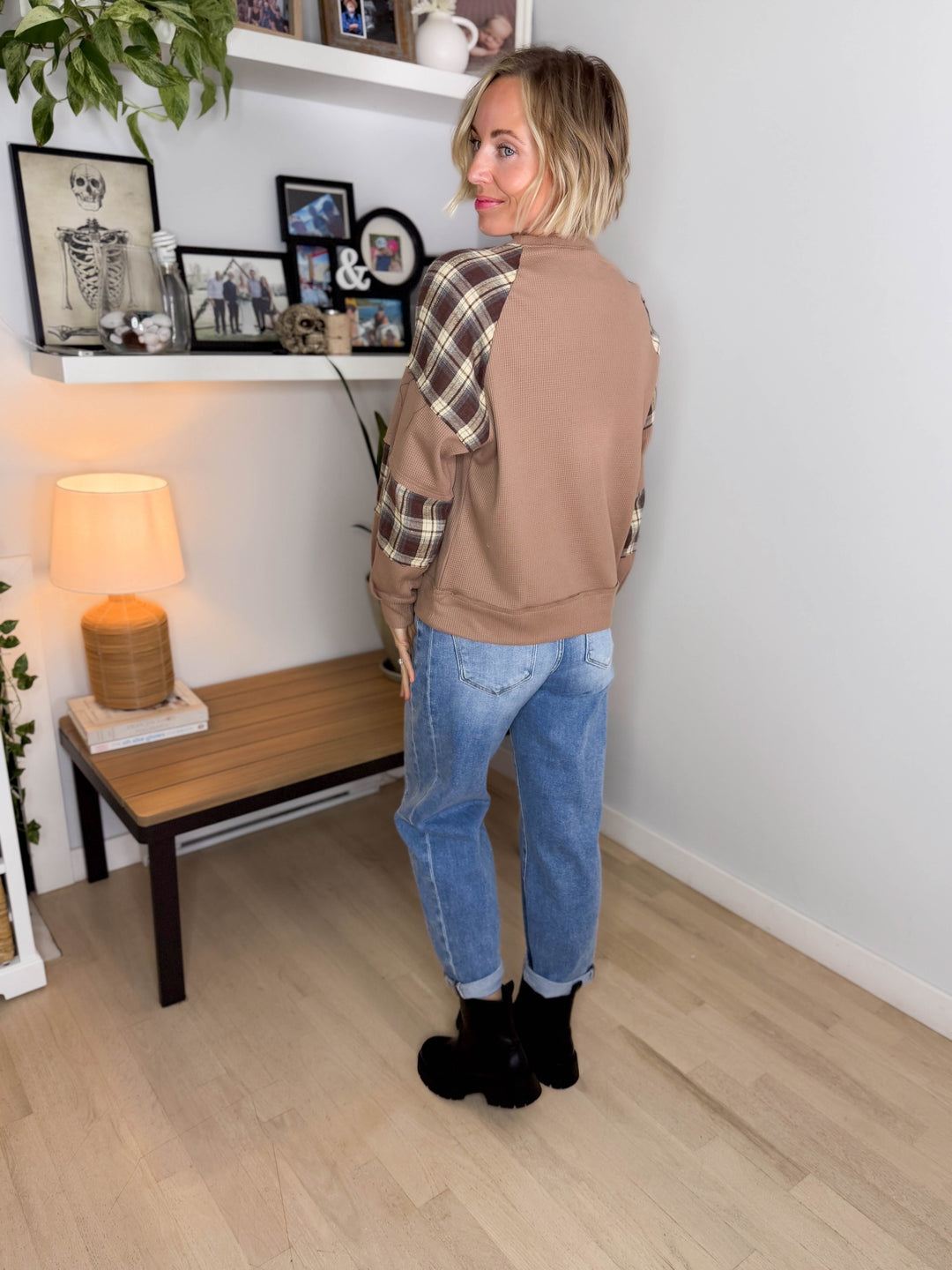 Grove Crew Neck Plaid Thermal Long Sleeve- TAUPE