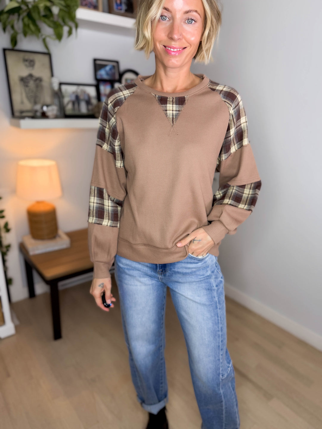 Grove Crew Neck Plaid Thermal Long Sleeve- TAUPE