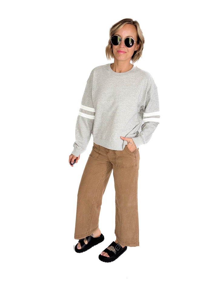 Varsity Striped Knit Pullover- HEATHER GREY-FINAL SALE