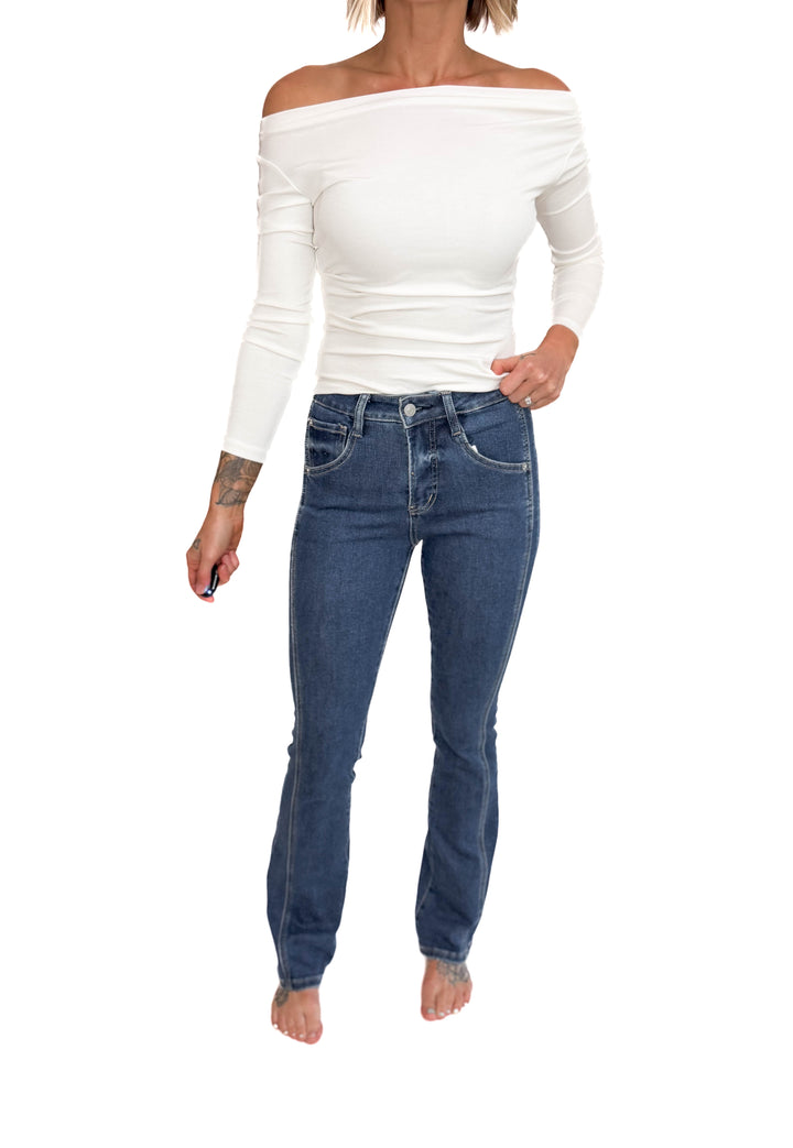 Mica Ria High Rise Bootcut Side Panel Tummy Tuck Jeans- MEDIUM WASH