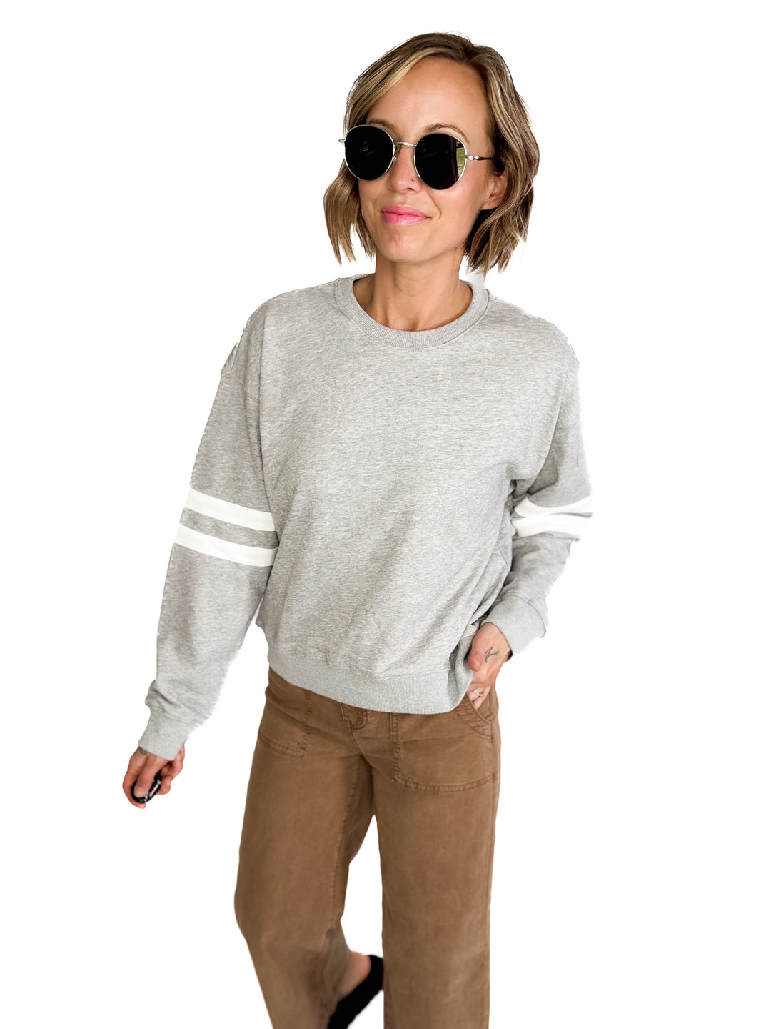 Varsity Striped Knit Pullover- HEATHER GREY-FINAL SALE