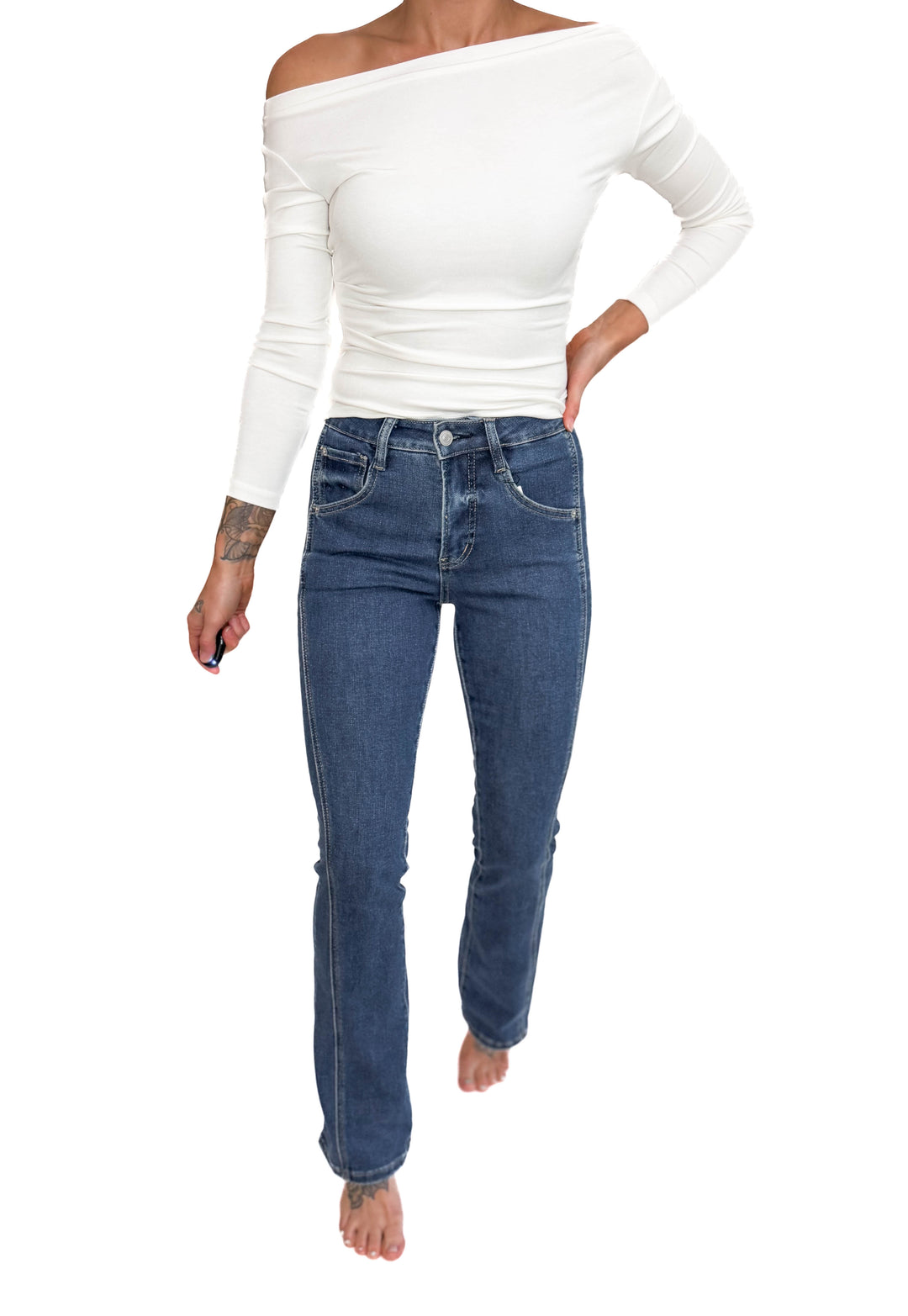 Mica Ria High Rise Bootcut Side Panel Tummy Tuck Jeans- MEDIUM WASH