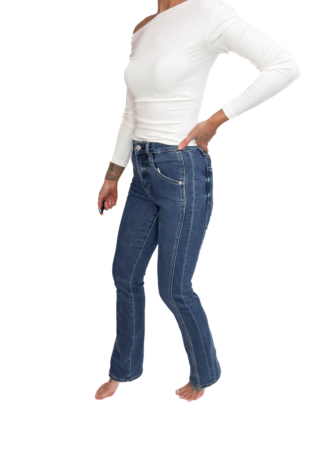 Mica Ria High Rise Bootcut Side Panel Tummy Tuck Jeans- MEDIUM WASH