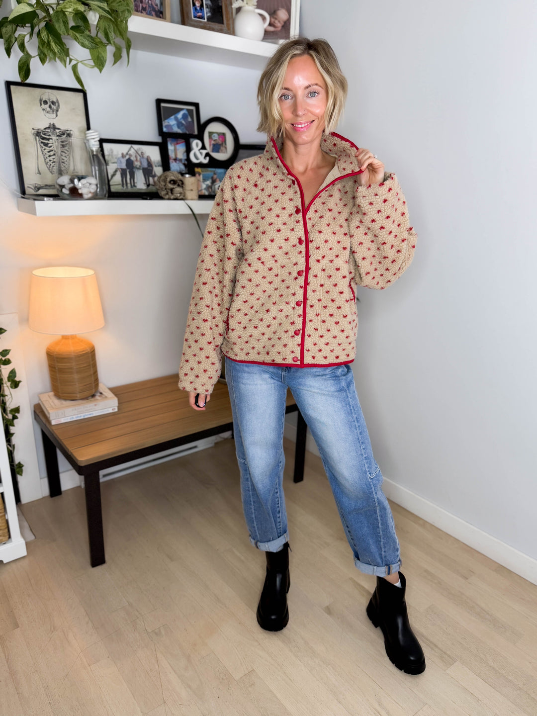 Tia Fleece Jacket- TAUPE/RED