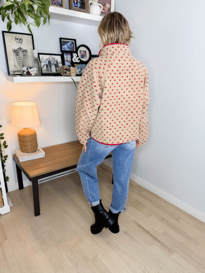 Tia Fleece Jacket- TAUPE/RED