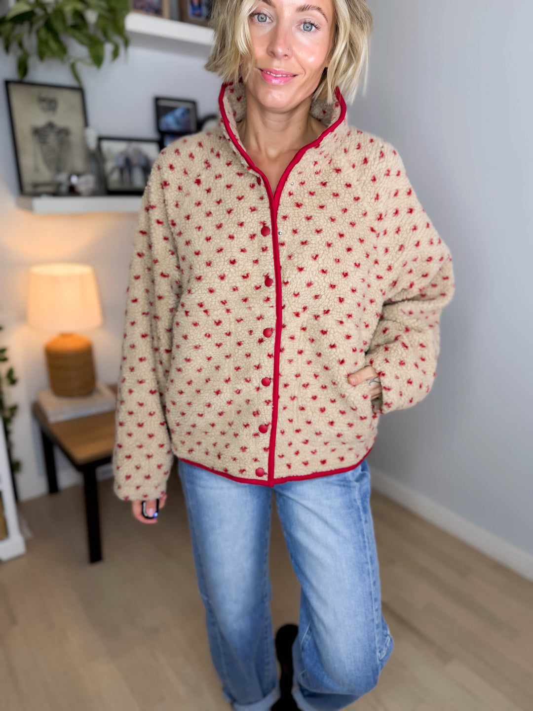 Tia Fleece Jacket- TAUPE/RED