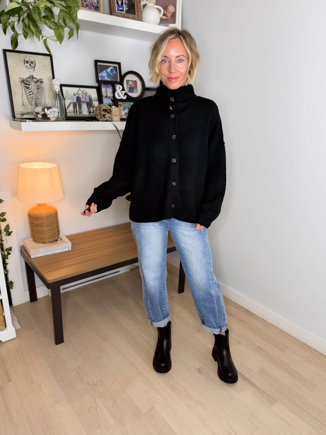 Hearthside Mockneck Knit Button Sweater- BLACK