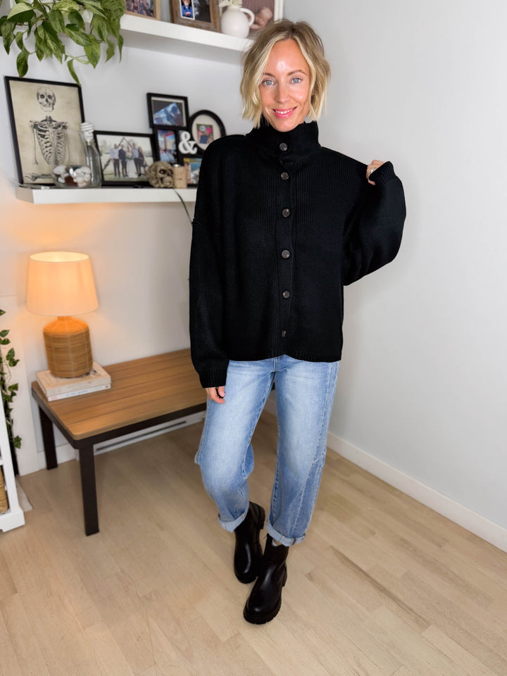 Hearthside Mockneck Knit Button Sweater- BLACK