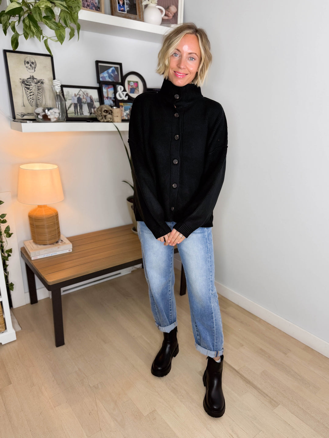 Hearthside Mockneck Knit Button Sweater- BLACK