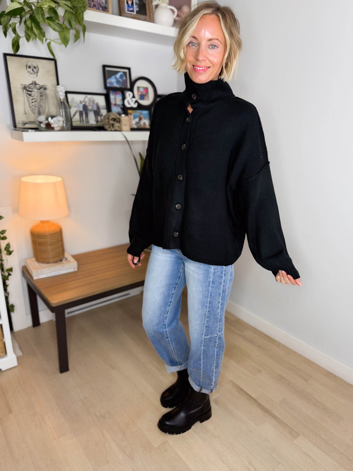 Hearthside Mockneck Knit Button Sweater- BLACK