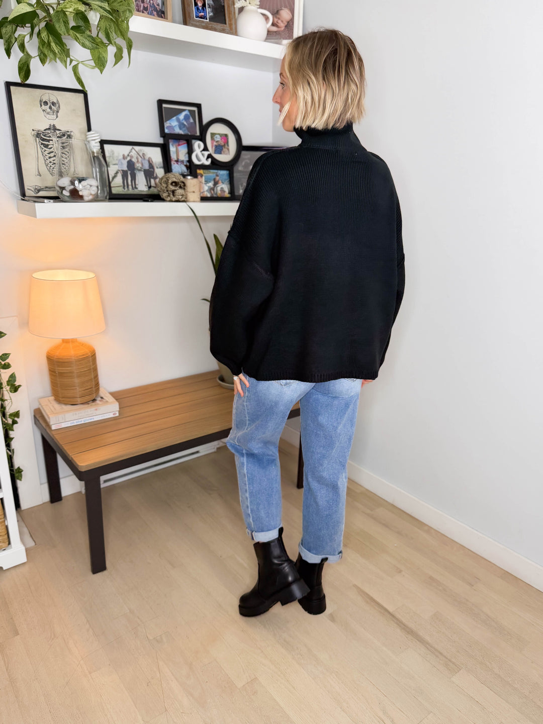 Hearthside Mockneck Knit Button Sweater- BLACK