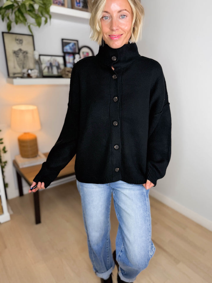 Hearthside Mockneck Knit Button Sweater- BLACK