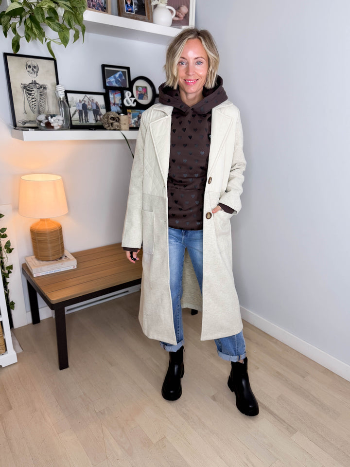 Erika Long Line Quitled Contrast Coat- ALMOND