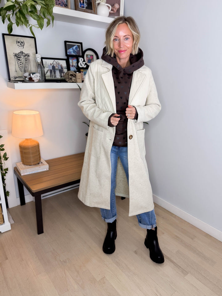 Erika Long Line Quitled Contrast Coat- ALMOND