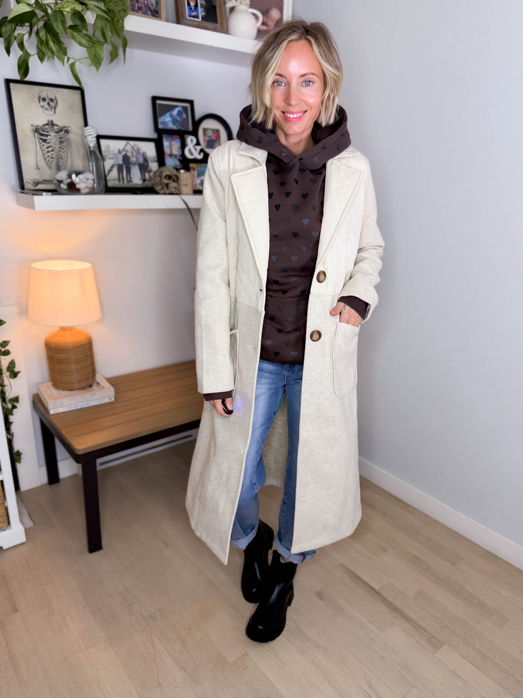 Erika Long Line Quitled Contrast Coat- ALMOND