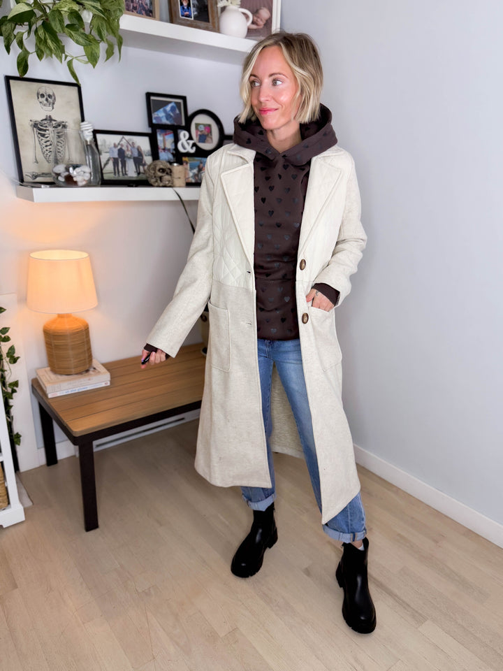 Erika Long Line Quitled Contrast Coat- ALMOND