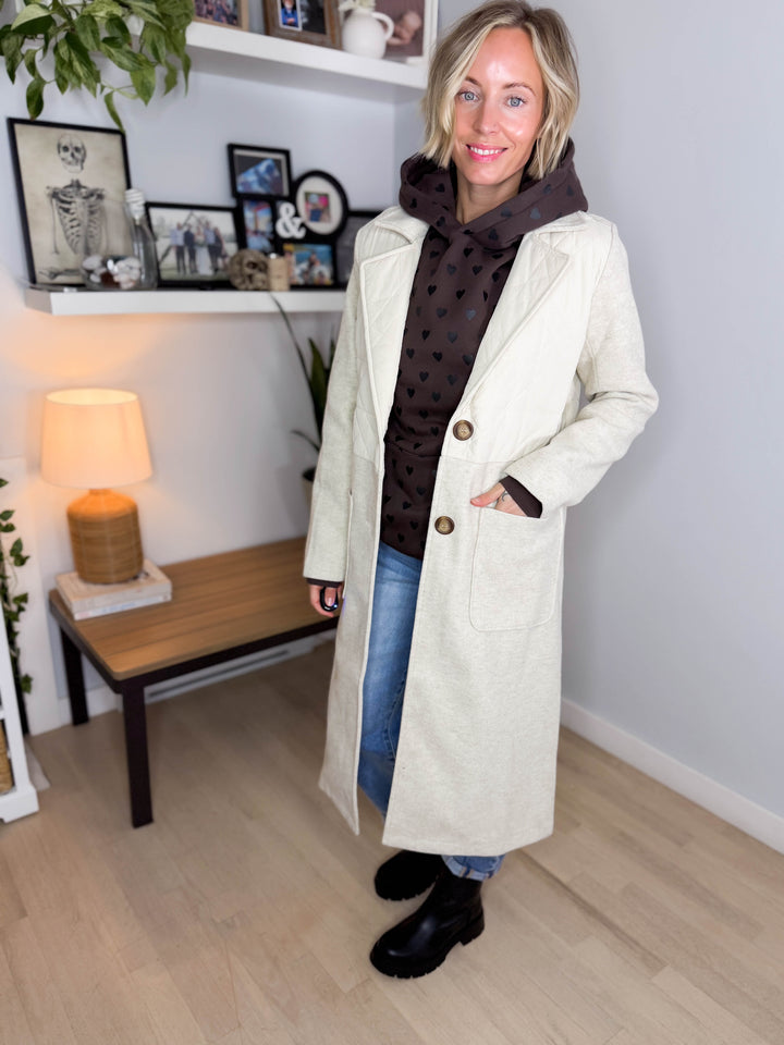 Erika Long Line Quitled Contrast Coat- ALMOND