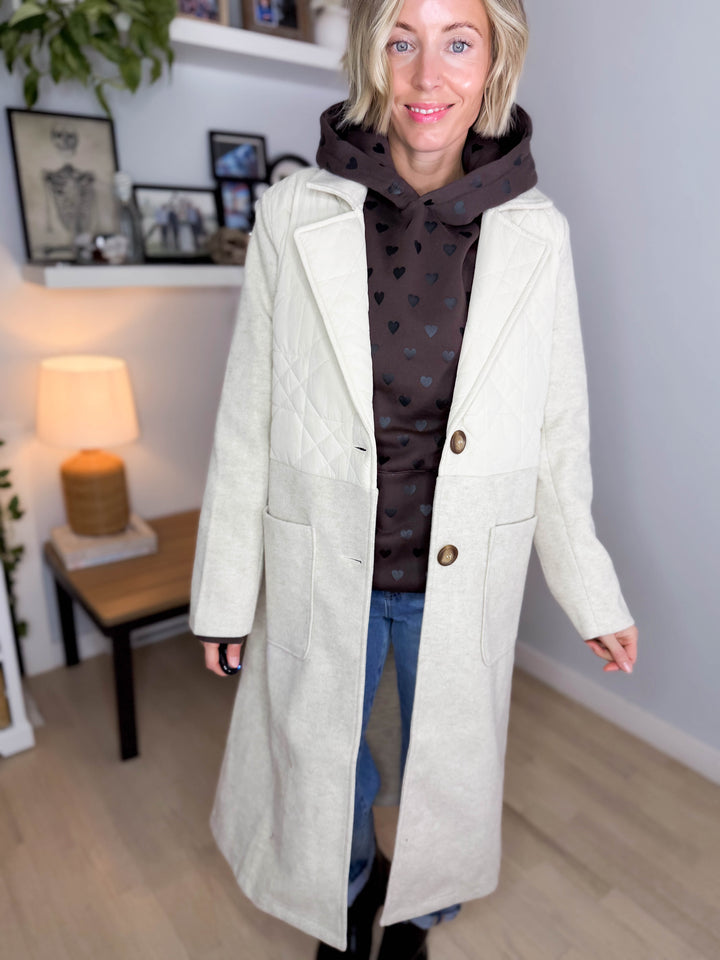 Erika Long Line Quitled Contrast Coat- ALMOND