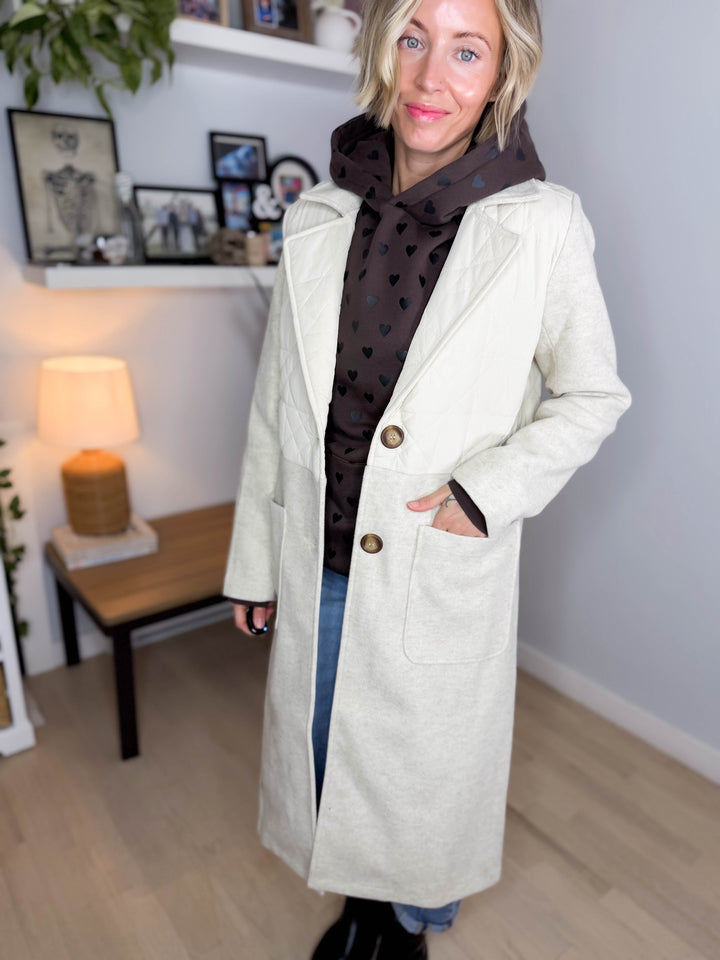 Erika Long Line Quitled Contrast Coat- ALMOND