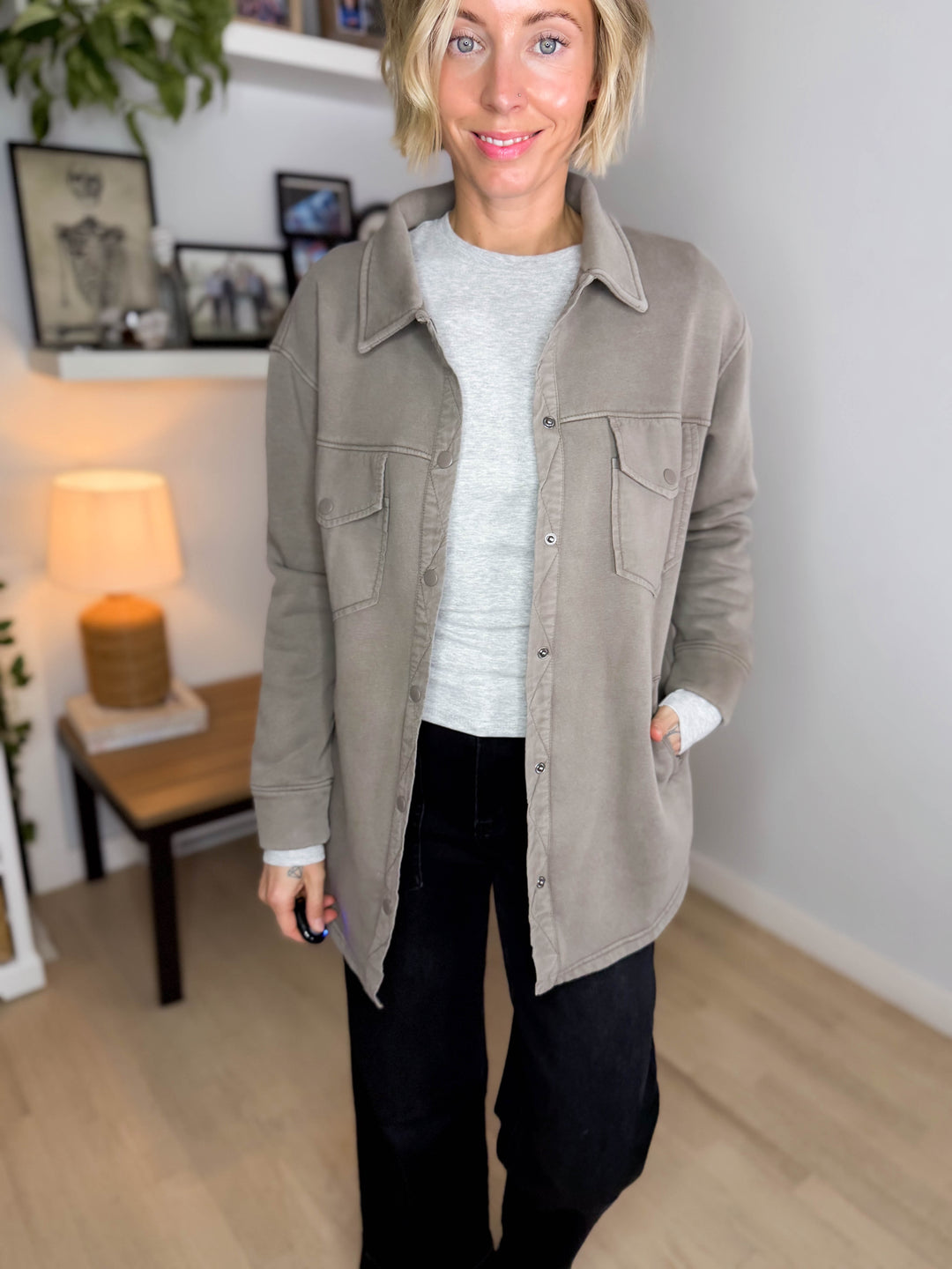 MONO B Valerie Snap on Shacket- TRUFFLE