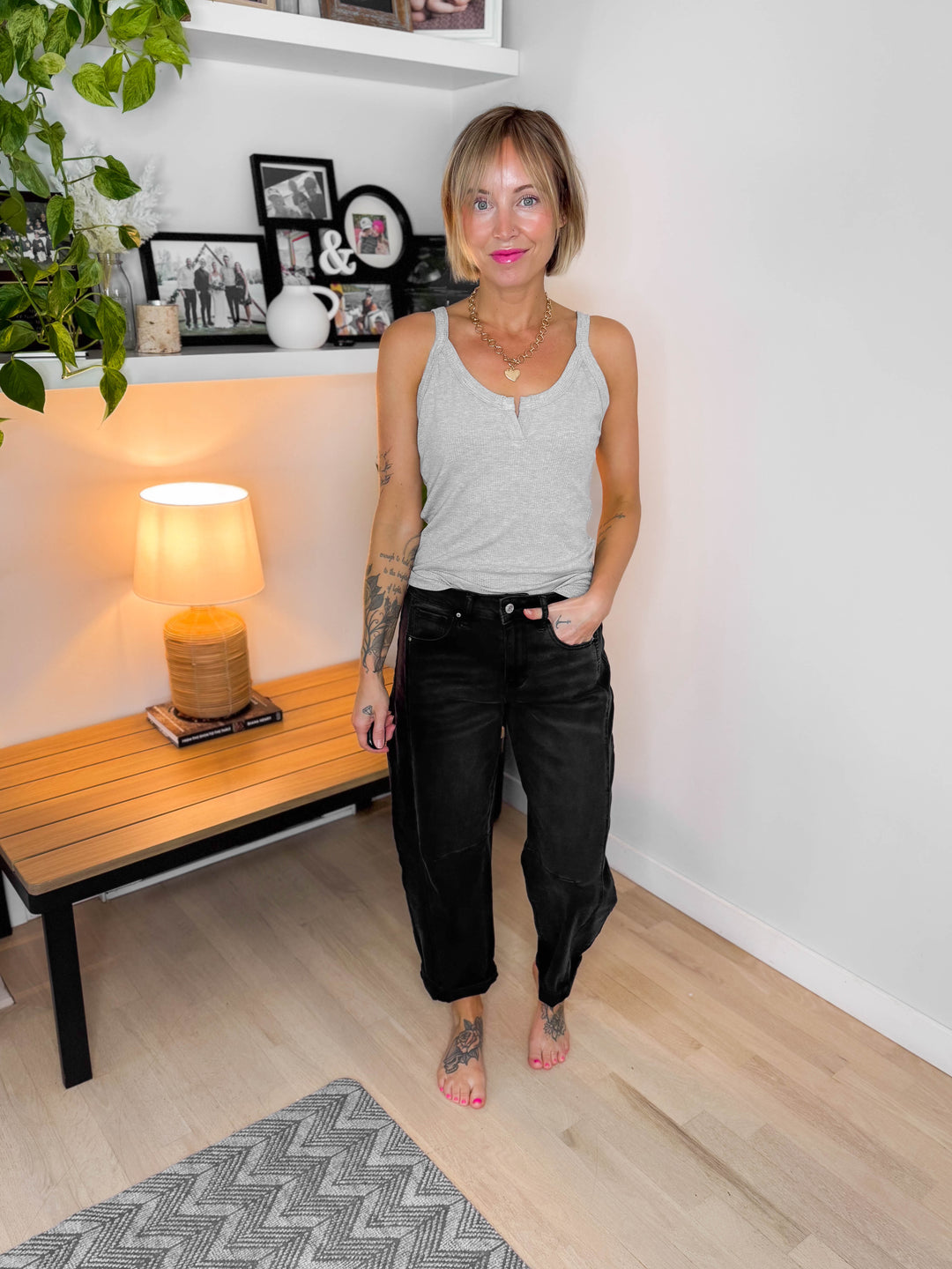 Morgan Ribbed Knit Cami With Notch Detail- HEATHER GREY