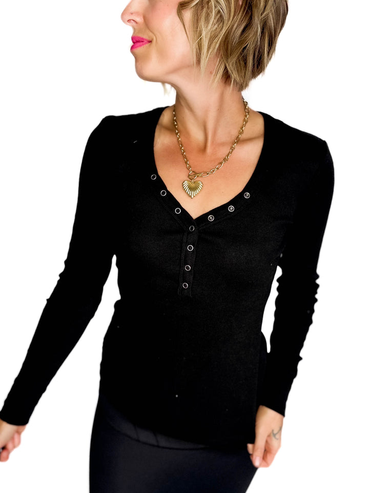 Chella Classic Ribbed Cotton V-Neck Button Snap Henley Top- BLACK-FINAL SALE