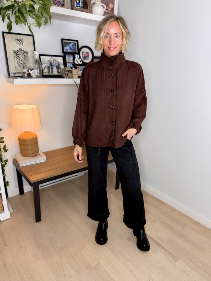 Hearthside Mockneck Knit Button Sweater- DARK BROWN