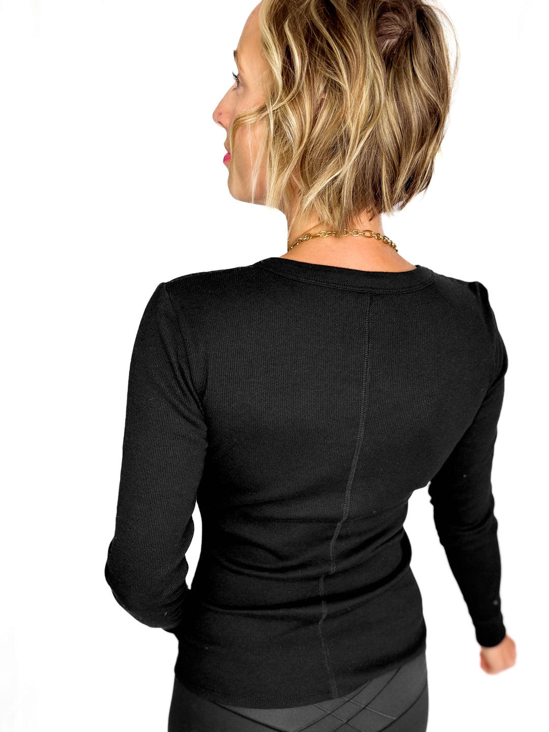 Chella Classic Ribbed Cotton V-Neck Button Snap Henley Top- BLACK-FINAL SALE