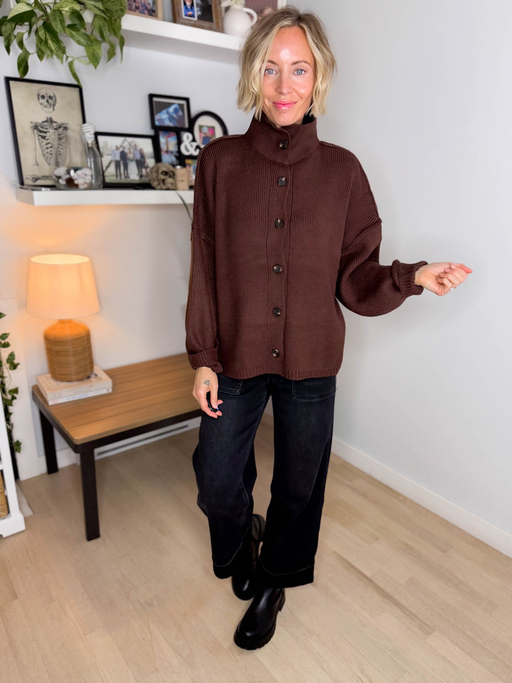 Hearthside Mockneck Knit Button Sweater- DARK BROWN