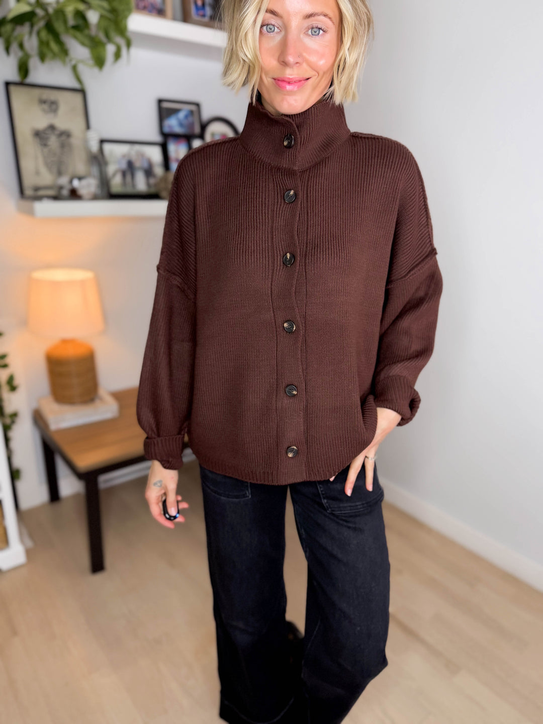 Hearthside Mockneck Knit Button Sweater- DARK BROWN