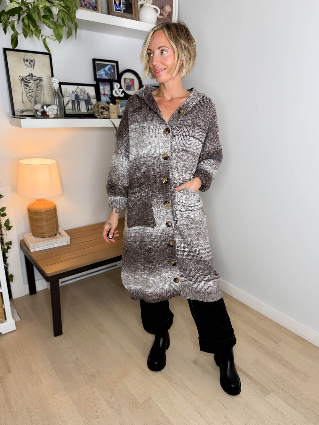 Story Time Marled Hooded Cardigan- CHOCO MULTI