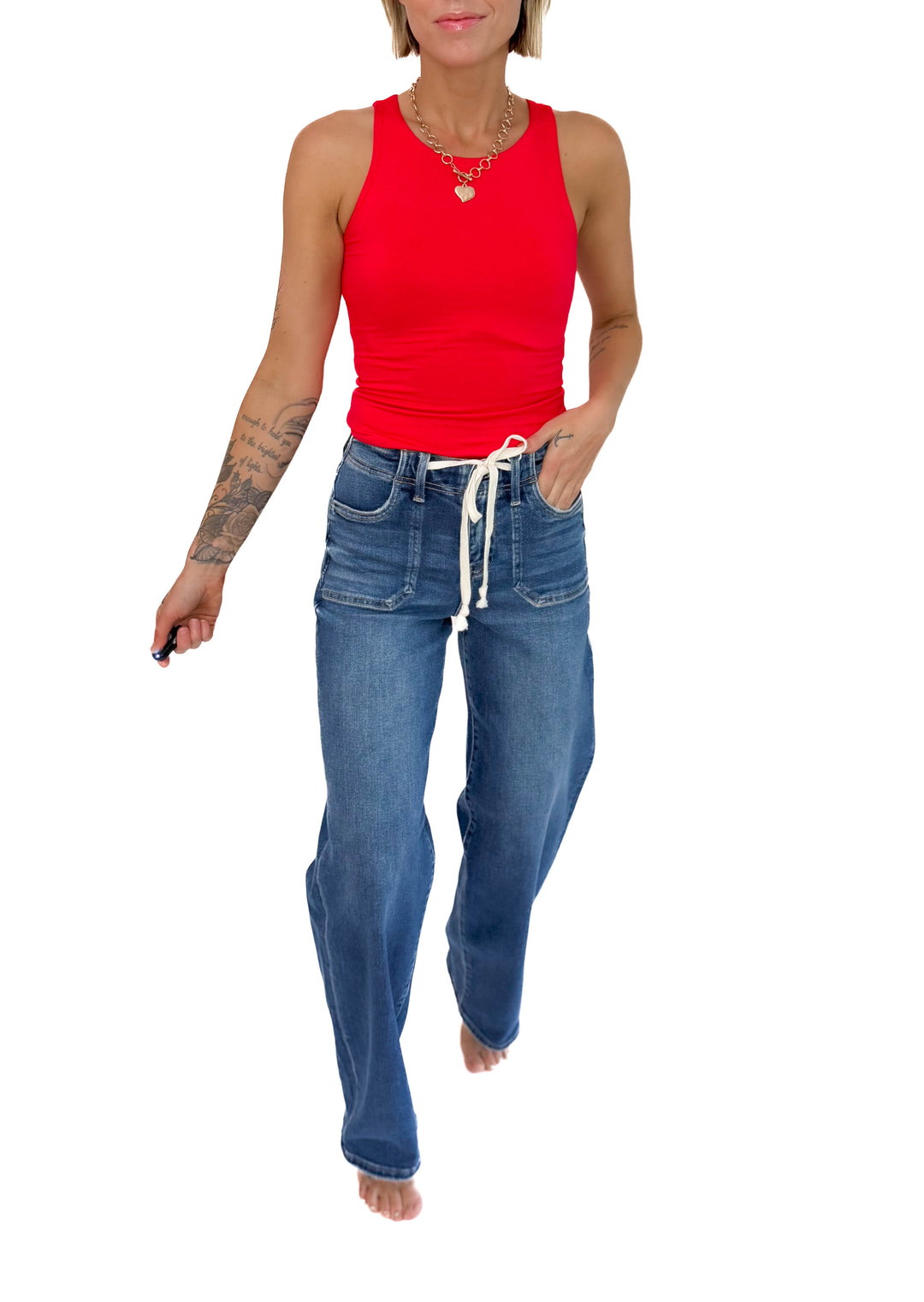 RISEN Harlet Tie Waist Relaxed Straight Leg- MEDIUM WASH