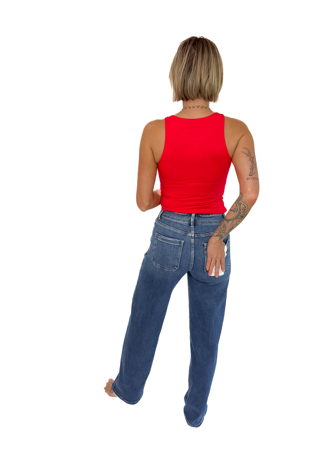 RISEN Harlet Tie Waist Relaxed Straight Leg- MEDIUM WASH