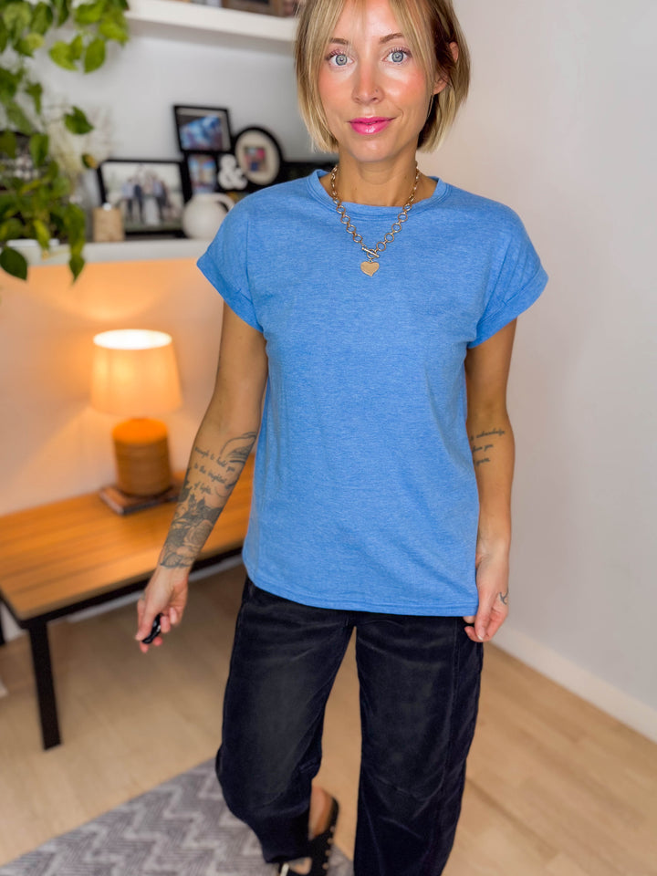 Addison Cotton Folded Sleeve T-Shirt- HEATHER OCEAN BLUE