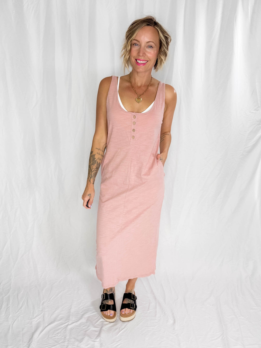 Minnie Button Up Tank Midi Dress- MAUVE-FINAL SALE
