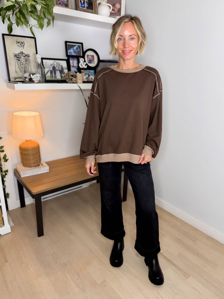 Palina Exposed Seam Contrast Trim Knit Top- CHOCOLATE BROWN