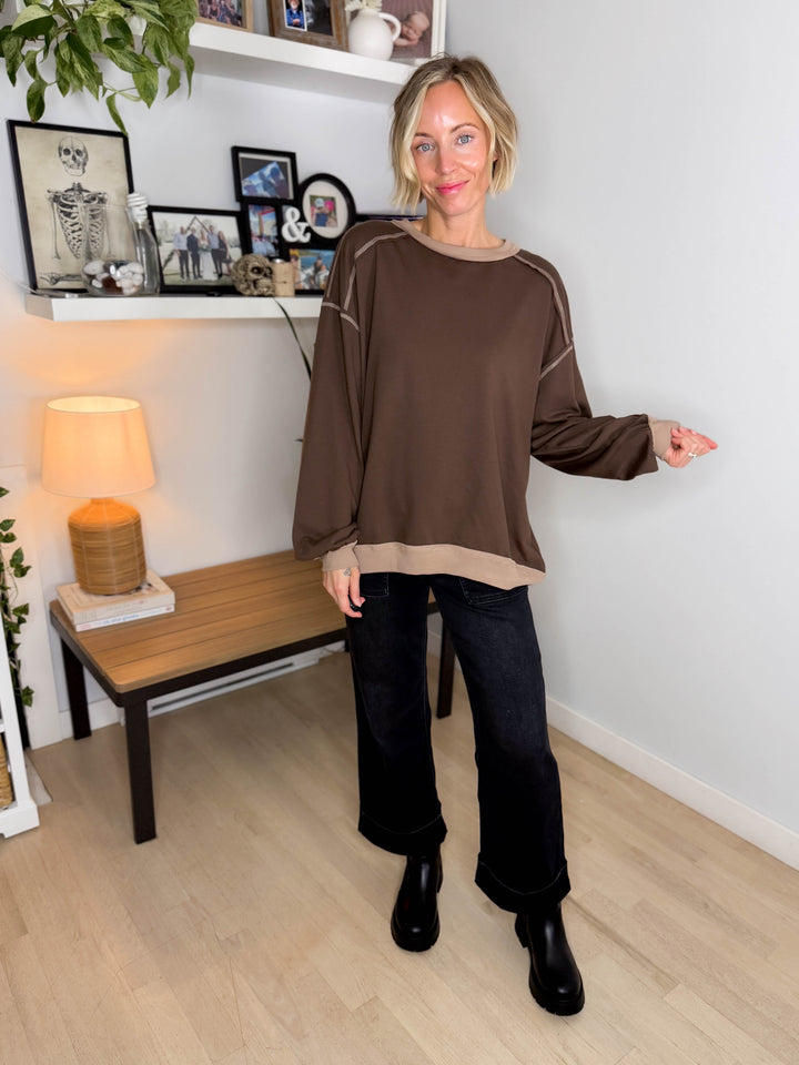 Palina Exposed Seam Contrast Trim Knit Top- CHOCOLATE BROWN