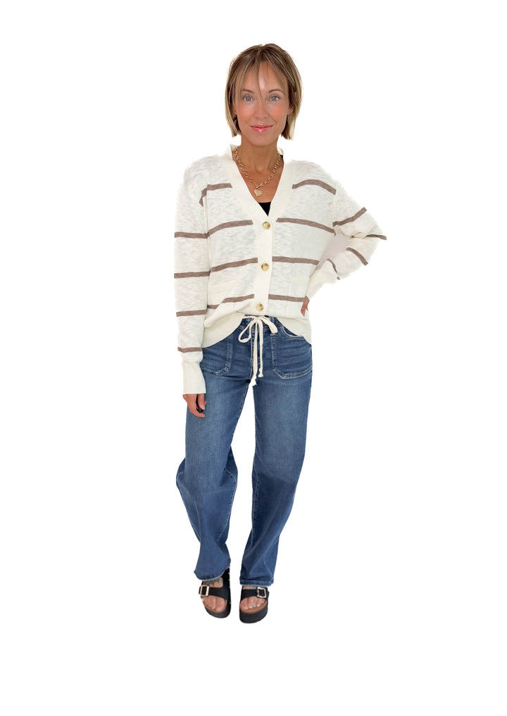 Hanelle Slub Knit Striped Cardigan- BROWN