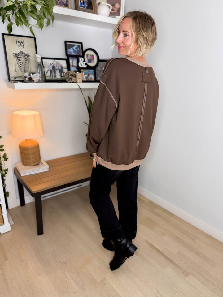 Palina Exposed Seam Contrast Trim Knit Top- CHOCOLATE BROWN