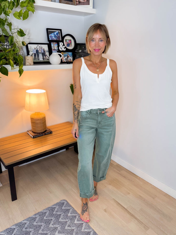 Cora Stretch Barrel Pant- WASHED OLIVE