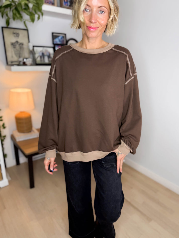 Palina Exposed Seam Contrast Trim Knit Top- CHOCOLATE BROWN