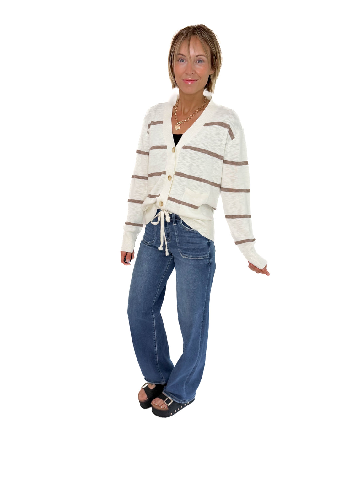 Hanelle Slub Knit Striped Cardigan- BROWN