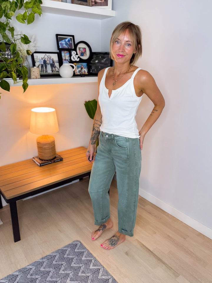 Cora Stretch Barrel Pant- WASHED OLIVE