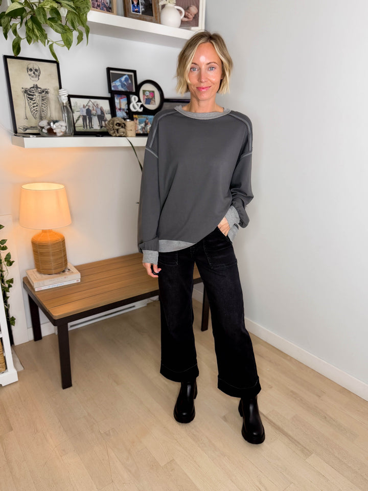 Palina Exposed Seam Contrast Trim Knit Top- CHARCOAL