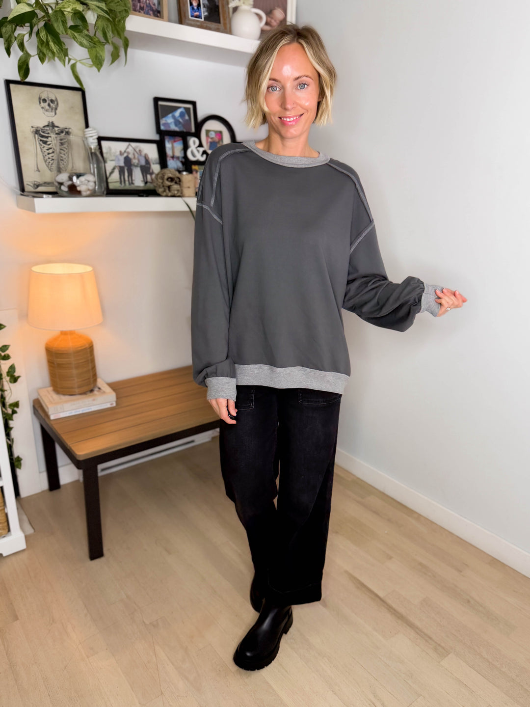 Palina Exposed Seam Contrast Trim Knit Top- CHARCOAL