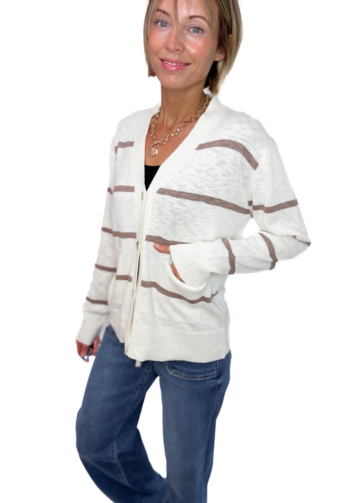 Hanelle Slub Knit Striped Cardigan- BROWN