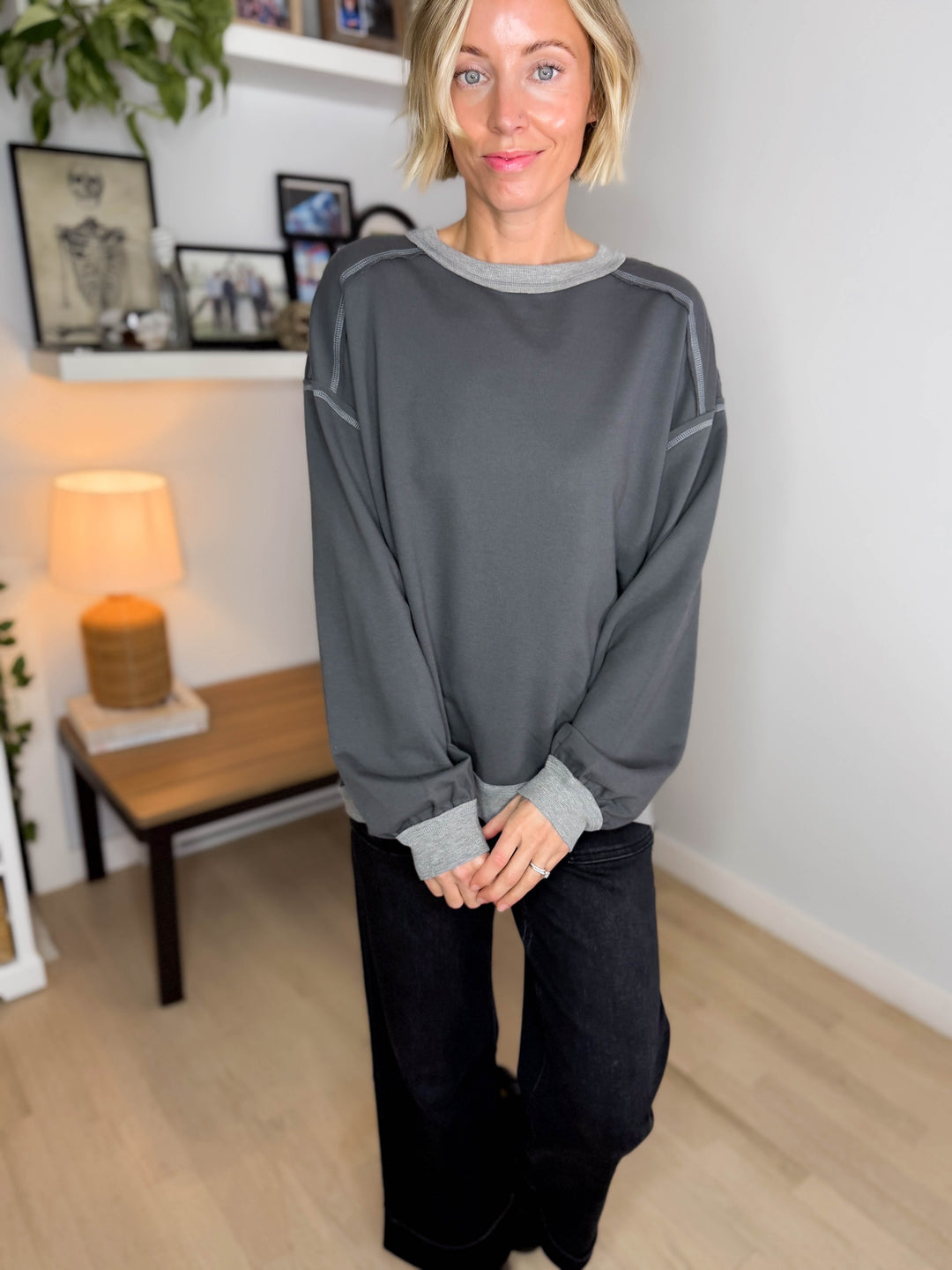 Palina Exposed Seam Contrast Trim Knit Top- CHARCOAL