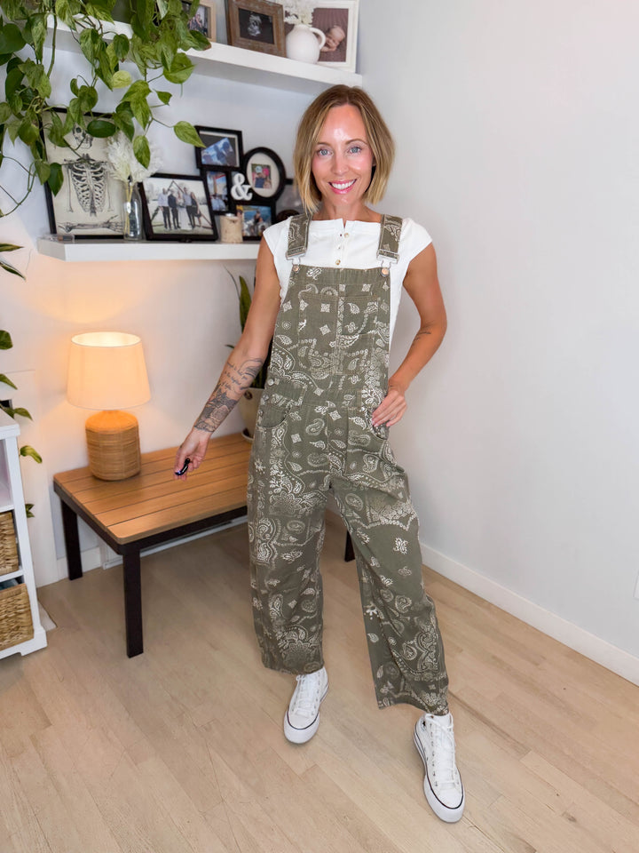 Lettie Paisley Print Barrel Overalls- VINTAGE ARMY