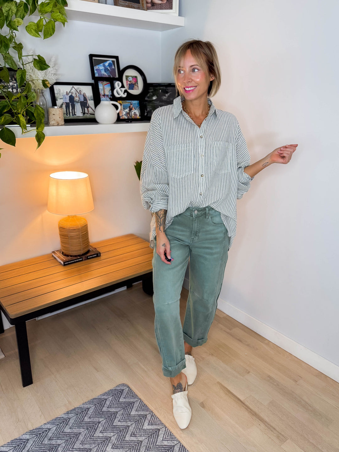 Gia Button Down Long Sleeve- GREEN